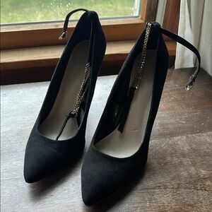 Express suede stilettos with gold ankle chain